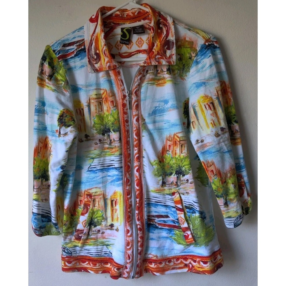 Spartelle Zipper Jacket Spandex Blend Tropical Print Bright Color Size Large